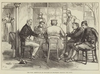 Der Krieg, Skizze in einem Gasthof in Belgrad, die Nachrichten lesend